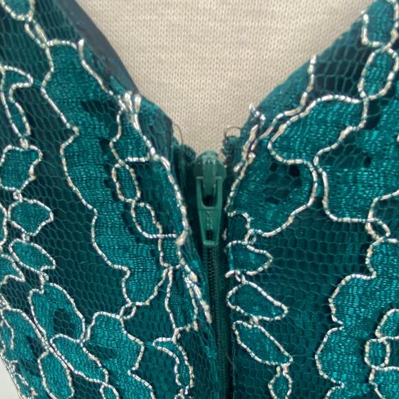 Vintage 80s Fit & Flare Cocktail Dress Lace Bodice Taffeta Mini Teal Womens 8 - Picture 8 of 12